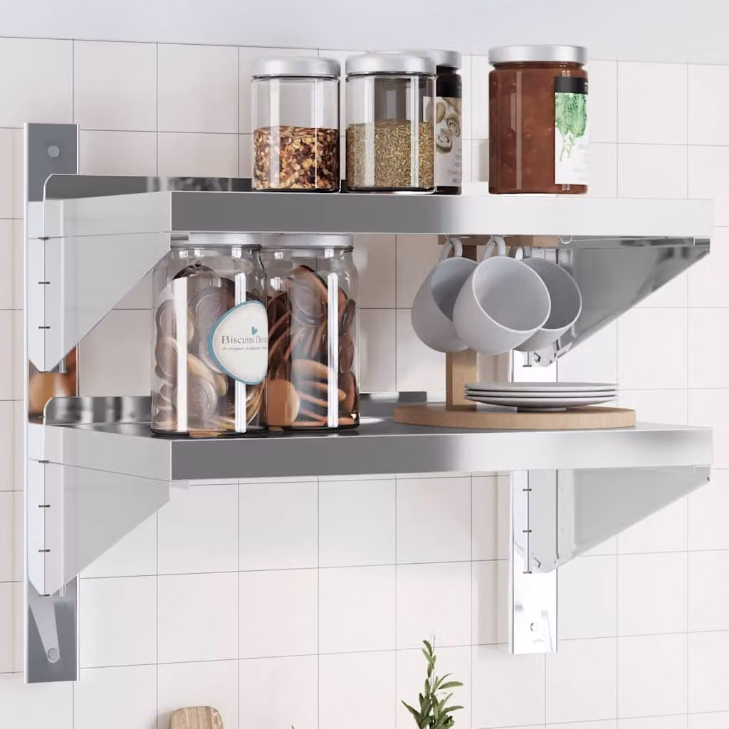vidaXL Mensola da muro con 2 ripiani in metallo argento, L 50 cm x P 30 cm x H 48 cm
