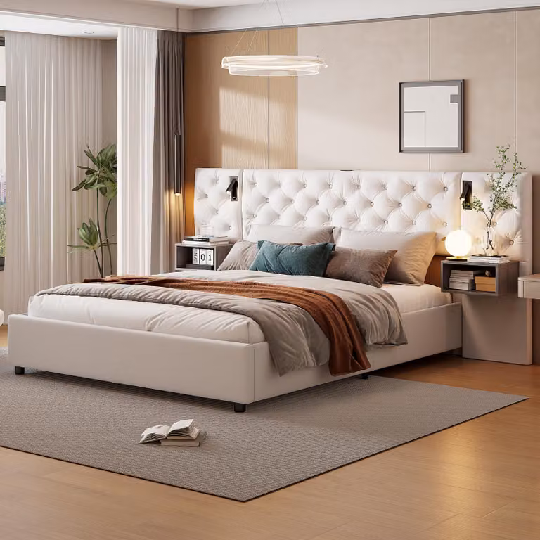Letto imbottito Fortuna Lai 160x200 cm, idraulico con USB e luce di lettura, letto contenitore con 2 cassetti, velluto, letto matrimoniale, beige