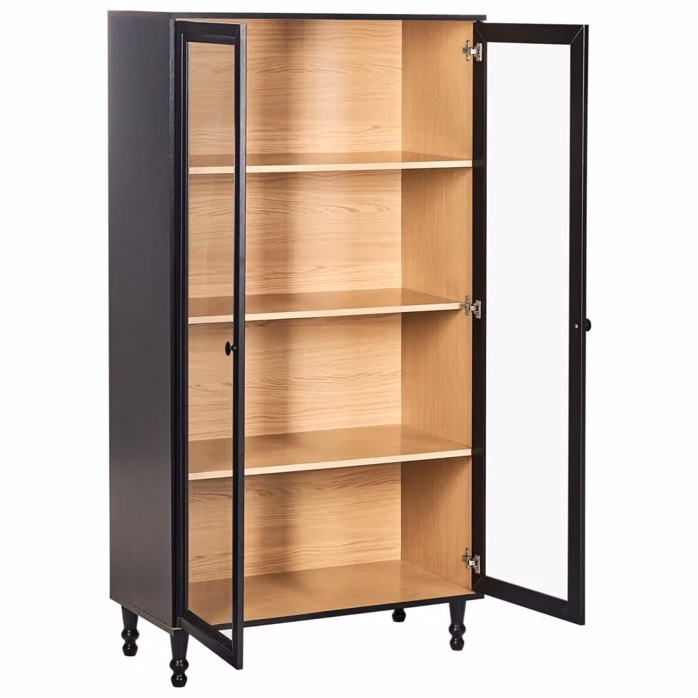 Mobile decorativo Beliani in stile scandinavo con ante in vetro e ripiani interni, colore nero e legno, L: 80 cm, P: 40 cm, H: 151 cm – 2