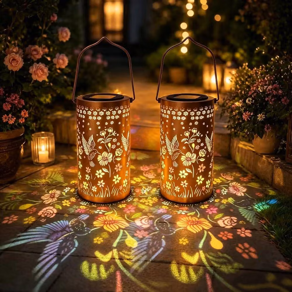 Set di 2 lanterne solari a forma di colibrì, grado di protezione IP65, luce bianco caldo, ideali per balcone e giardino