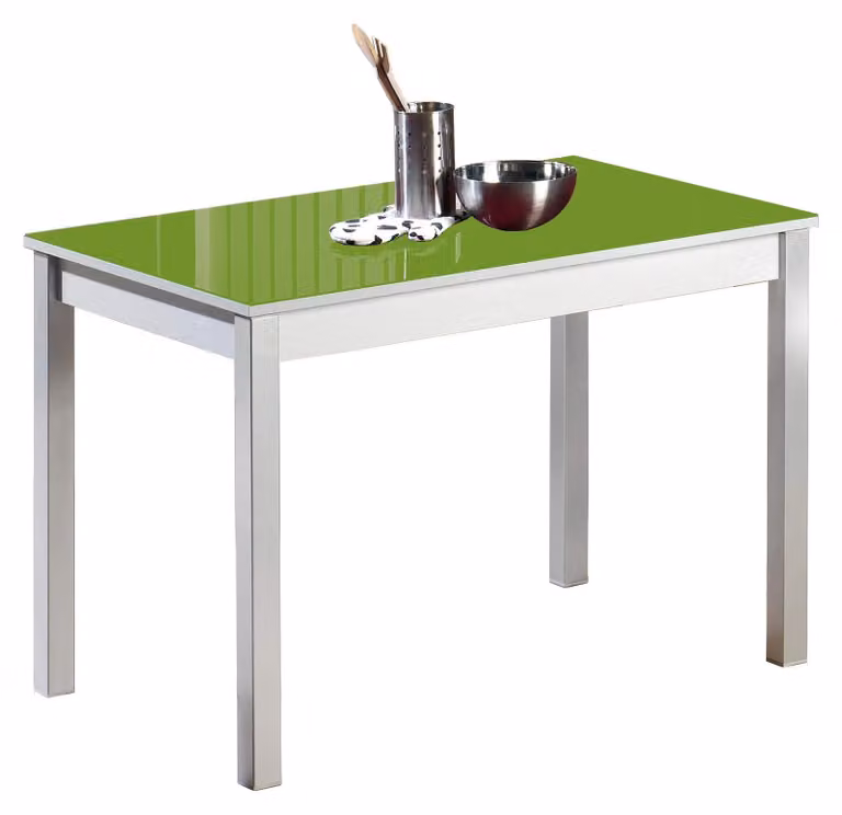 Tavolo da pranzo, piano in vetro verde, struttura in metallo, 80x40 cm