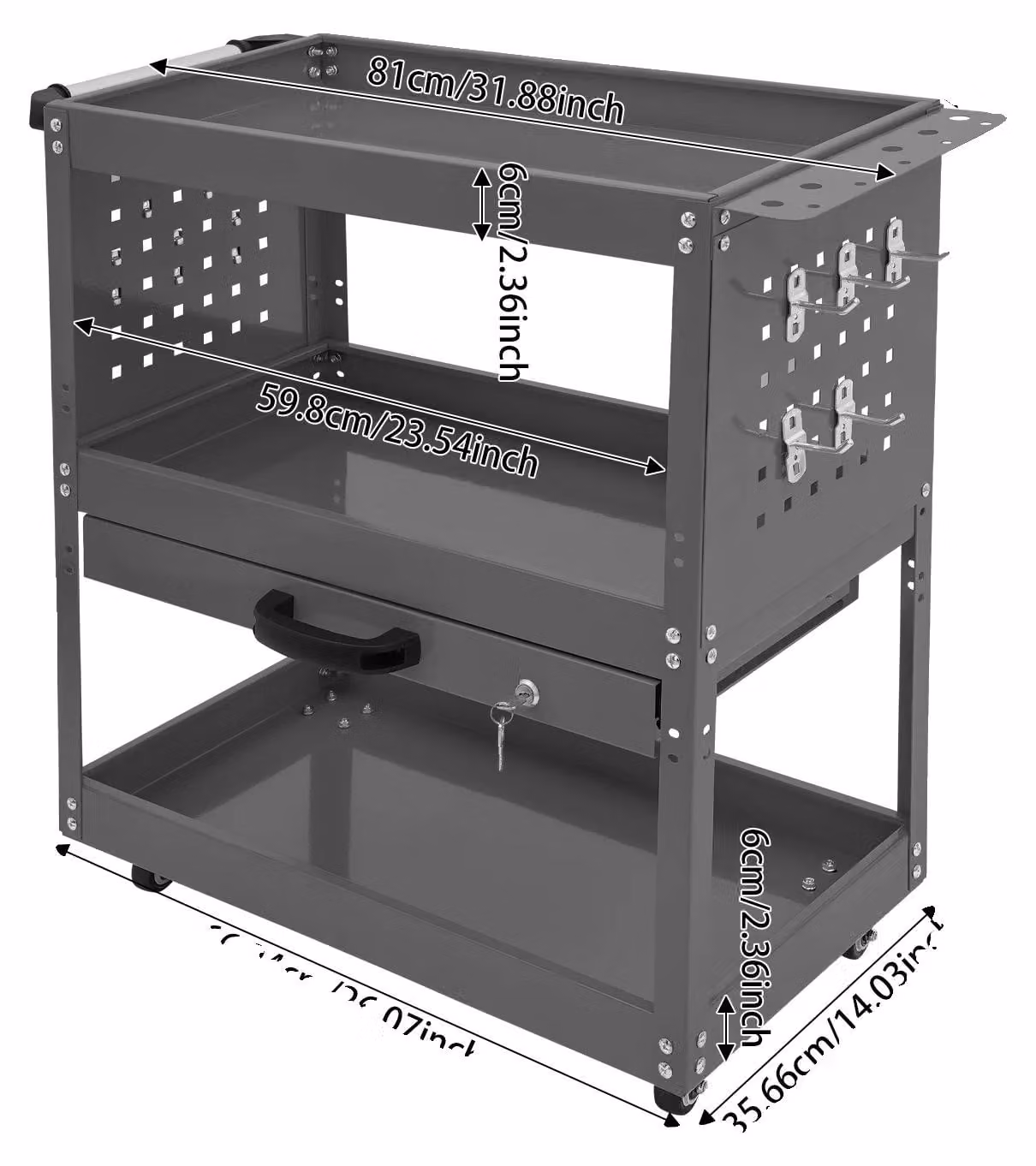 Carrello per attrezzi, sistema di stoccaggio a 3 livelli, cassetto con serratura, colore nero