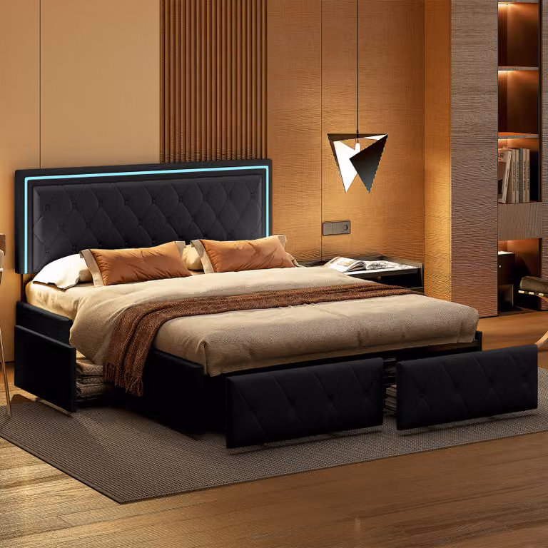 Letto imbottito Fortuna Lai 140x200cm con LED, testata regolabile in altezza e 4 cassetti, letto matrimoniale funzionale con rete a doghe e rivestimento in Pelle finta, grigio