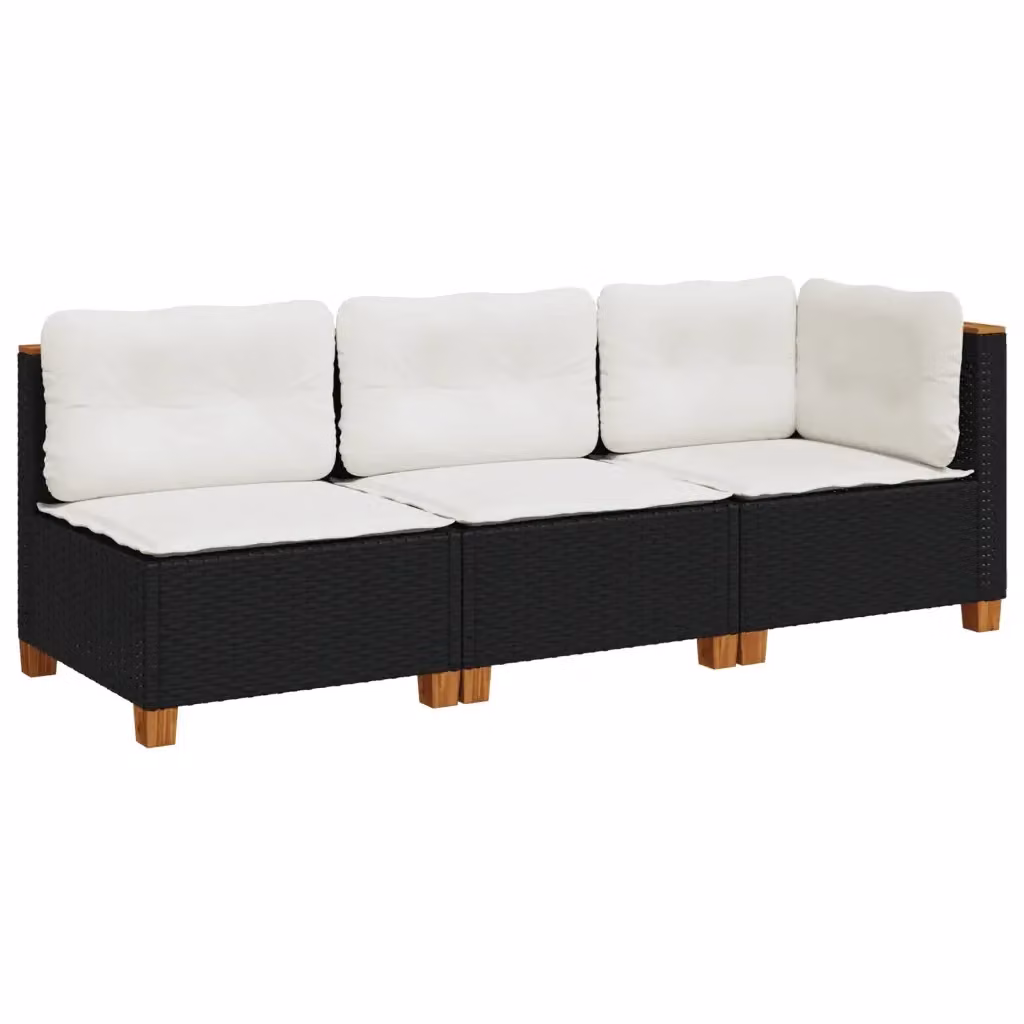 Divano da giardino a L Design Mania in polyrattan nero con cuscini bianchi e struttura in legno di acacia, L/P/H: 190.5 x 163.5 x 63.5 cm – 2