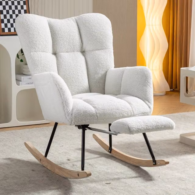 Poltrona a dondolo 80x98x98,5 cm bianca con poggiapiedi pieghevole, tessuto peluche e metallo