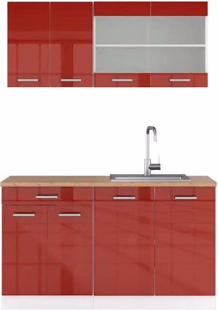 Cucina monoblocco R-Line Rosso lucido/Bianco 140 cm, PL Rovere Vicco