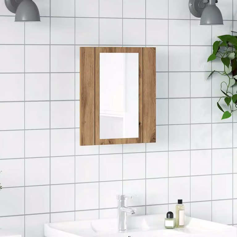 Mobiletto da bagno con specchio e illuminazione LED vidaXL in rovere, L: 40 cm, P: 12 cm, H: 45 cm