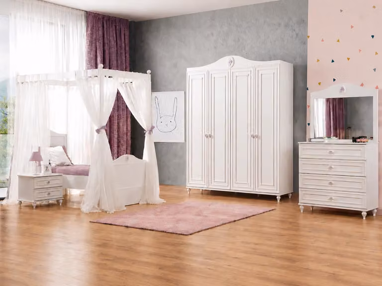 Letto a baldacchino singolo, bianco, in legno e tessuto, design moderno, letto per ragazzi, camera da letto