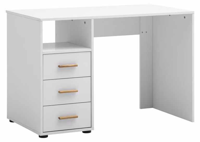 Scrivania con 3 cassetti, finitura bianco opaco, dimensioni 109x58x74 cm