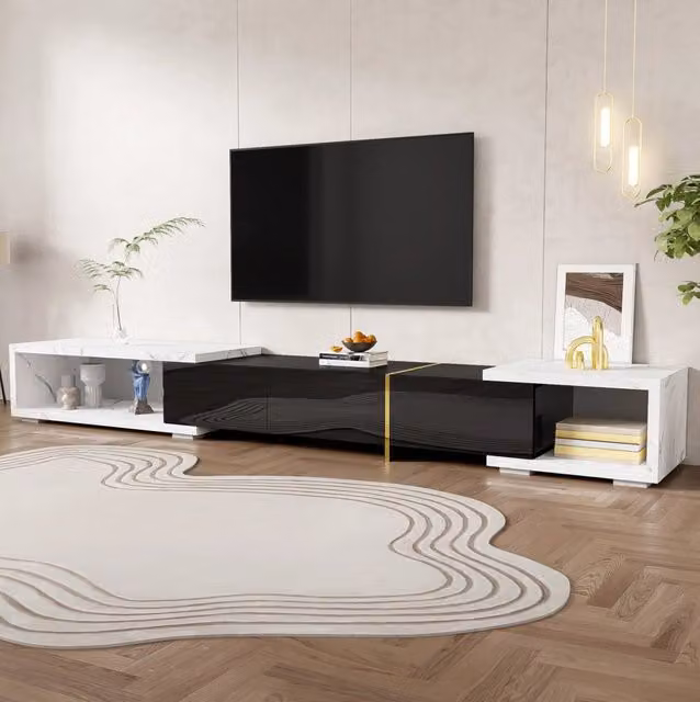 Mobile TV allungabile e girevole 140-260 cm in MDF e pannello truciolare; effetto marmo bianco; nero e dettagli dorati