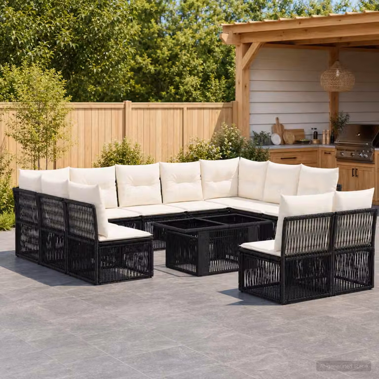 Set Divano da Giardino vidaXL 12 pz a forma a U in Polyrattan Nero con Cuscini e Tavolino da Esterno