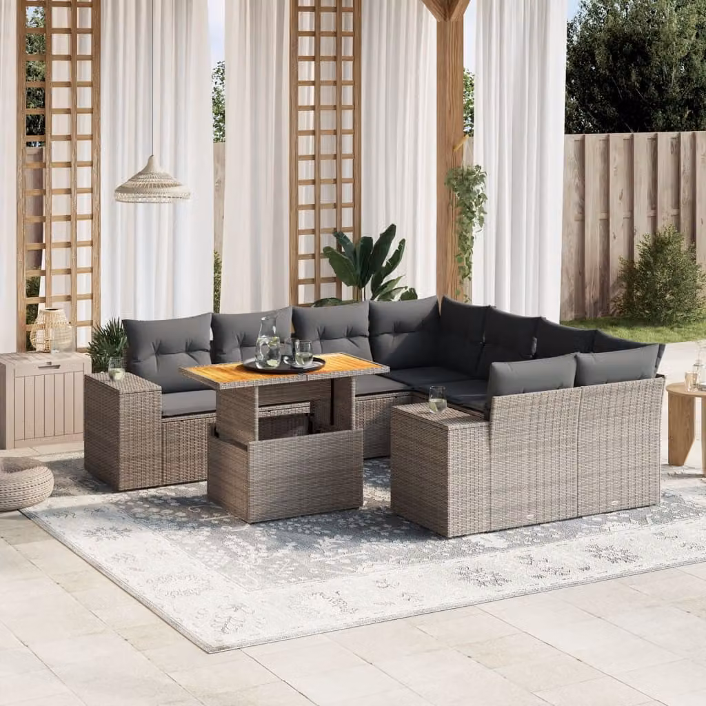 vidaXL Set Divano da Giardino a L in Polyrattan Grigio con Cuscini, Tavolino e Sedute, 9 Pezzi – 1