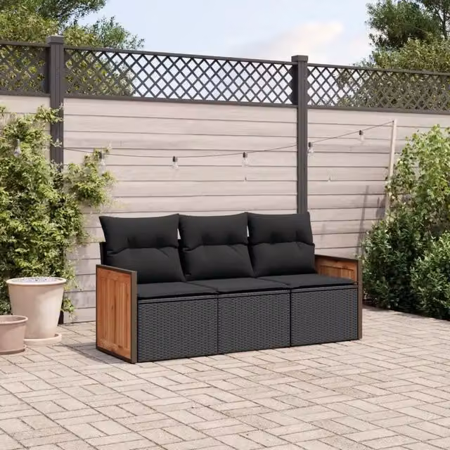 Set Divani da Giardino 3 pz con Cuscini in Polyrattan Nero 3227434