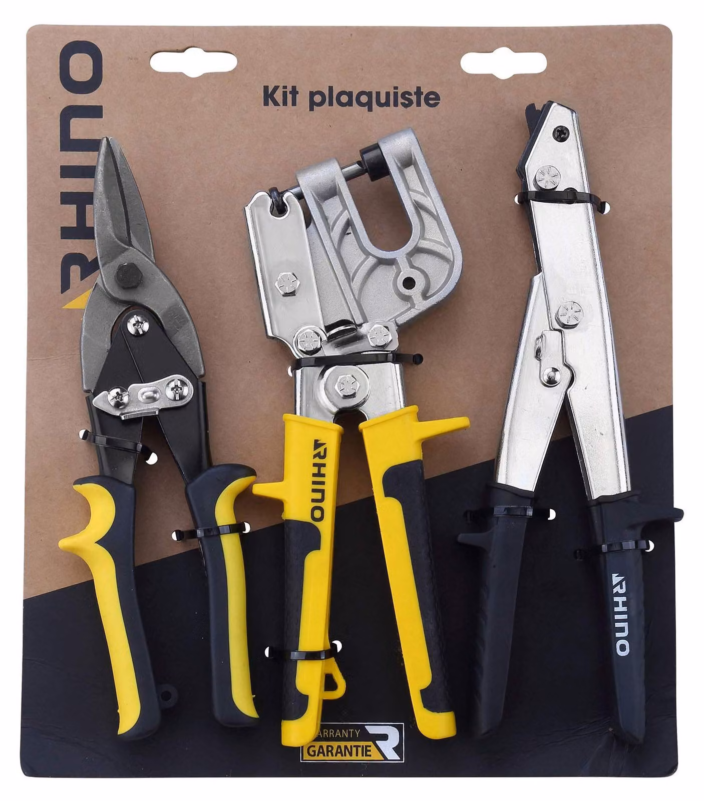 Set di strumenti per cartongesso composto da: forbici, coltello da taglio e pinza crimpatrice