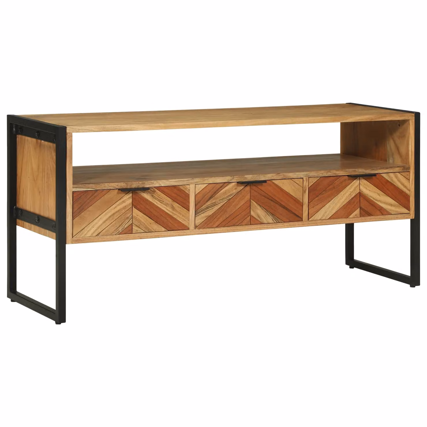 Mobile TV vidaXL in legno di acacia massello e metallo, Marrone, L 100 x P 35 x H 50 cm