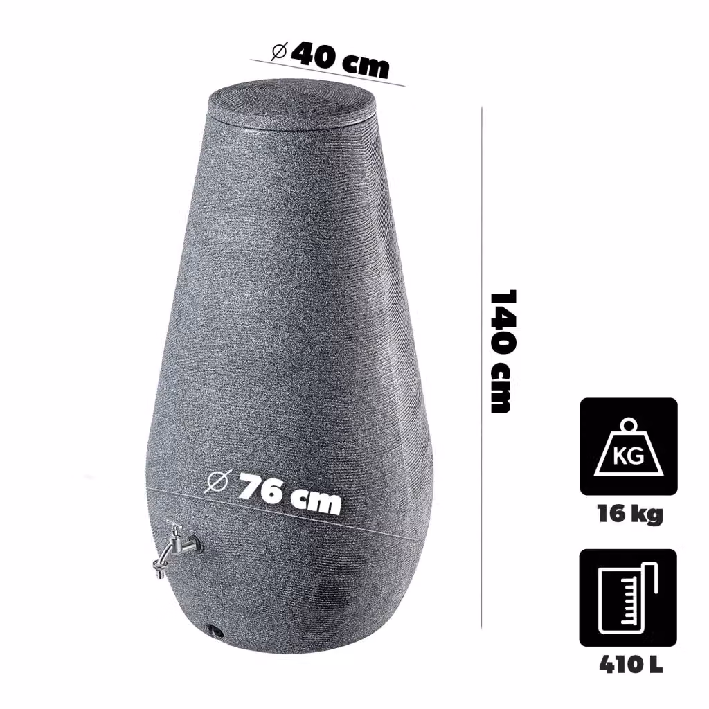 Serbatoio per acqua piovana KADAX a forma di barile grigio con rubinetto e vaso 2 in 1, capacità 410 l – 2
