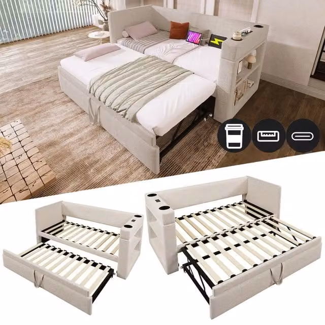 Letto Singolo Imbottito con Estraibile ¨C MINIMAL ¨C Tessuto Beige 90x190