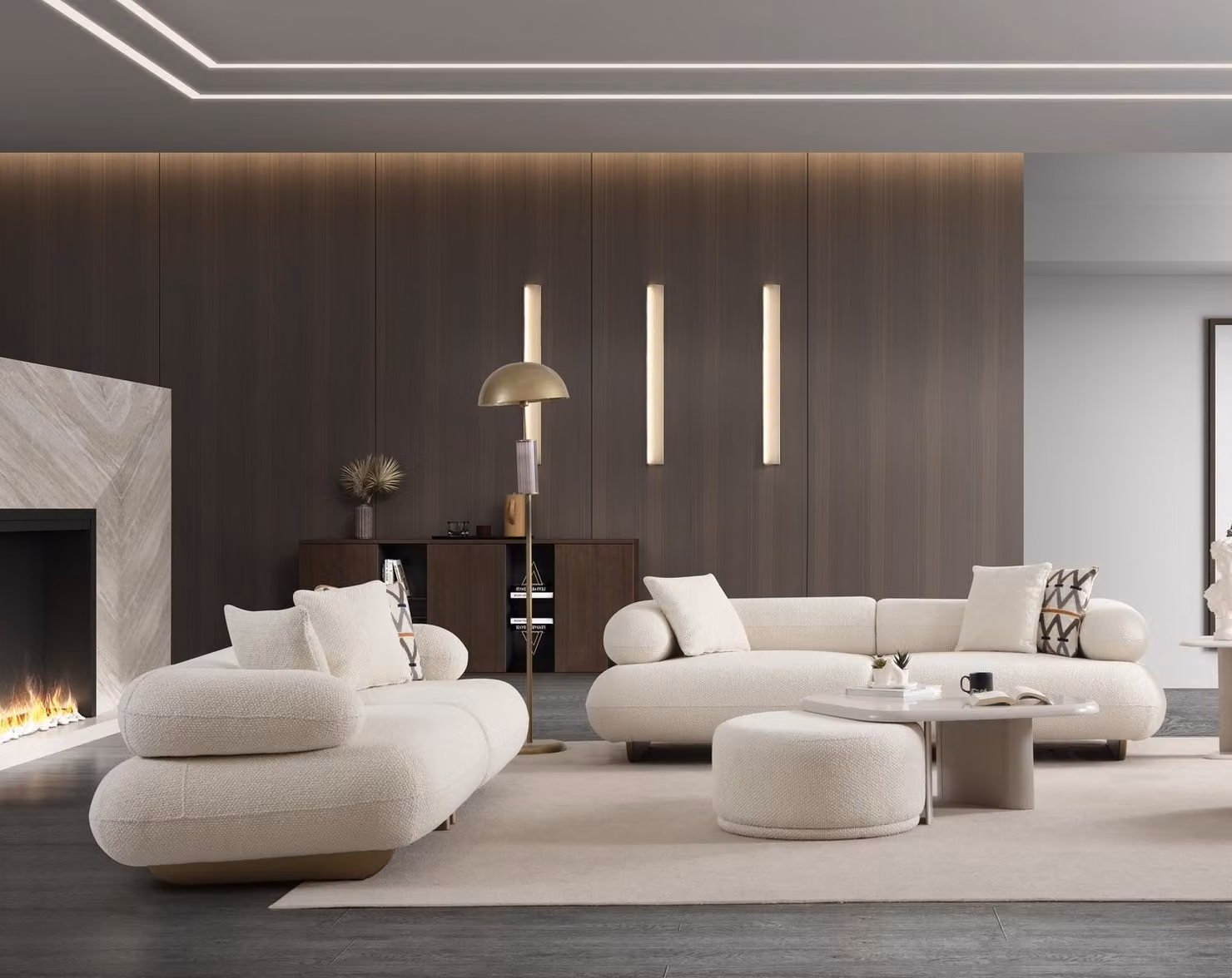 Elegantes Beiges Wohnzimmer Set Stoffsofa Polsterhocker Couchtisch
