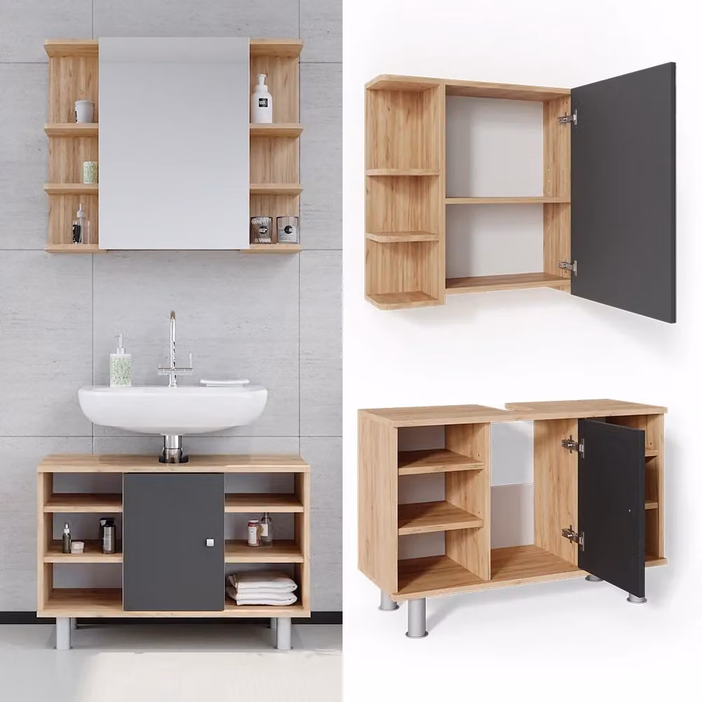 Set mobili bagno Vicco Fynn in rovere marrone composto da mobile lavabo e pensile con specchio – 2