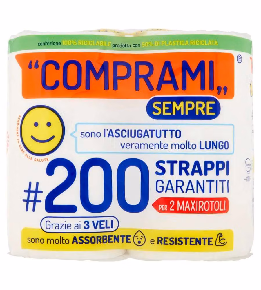 Comprami Carta Asciugatutto 200 Strappi 3 Veli Confezione 2 Rotoli