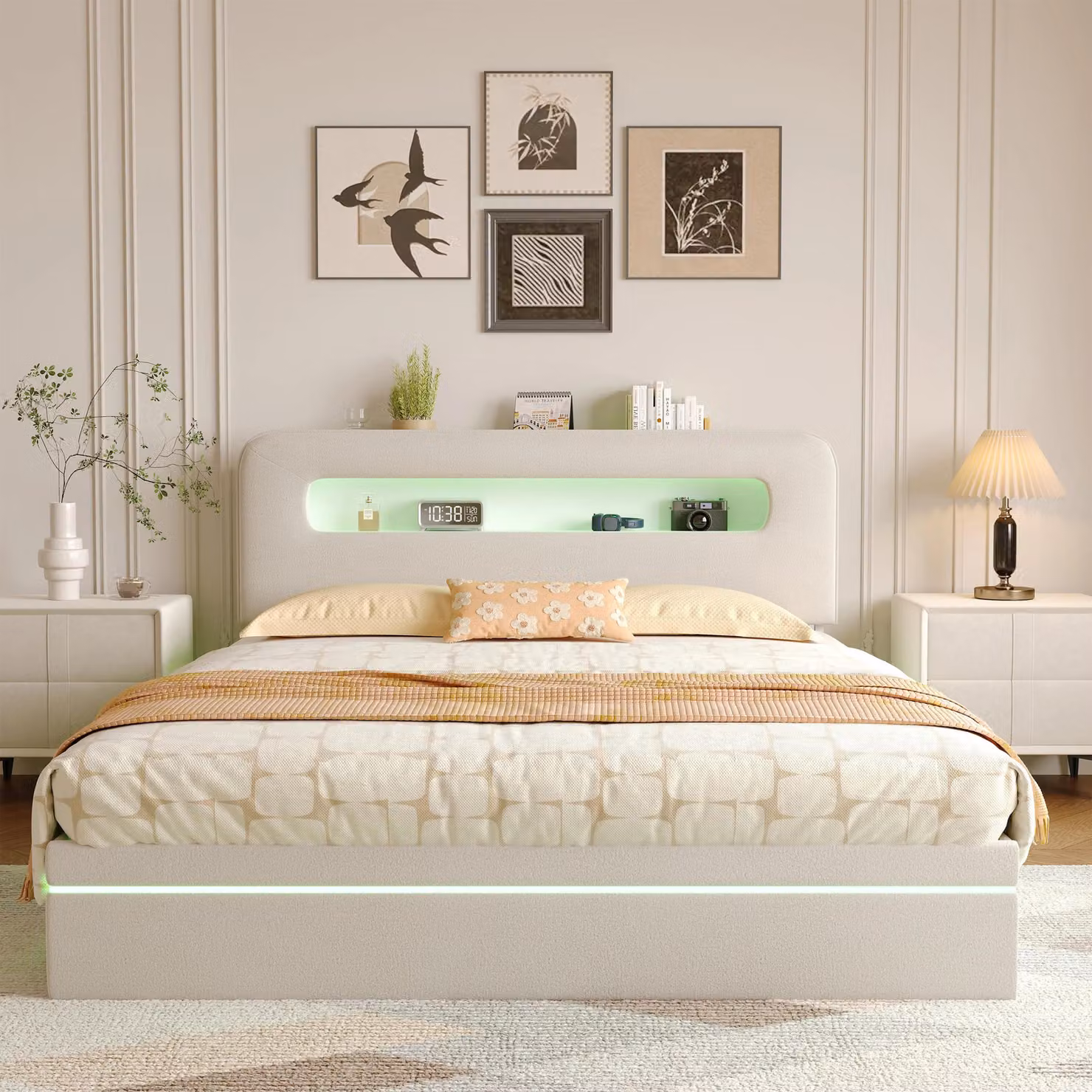 Letto imbottito - Struttura per letto matrimoniale 140 x 200 cm - Spazio contenitore con sistema idraulico - Retino - Rivestimento in velluto - Beige