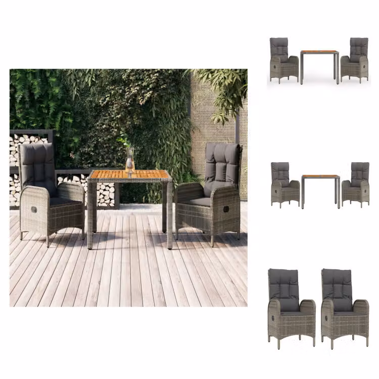 vidaXL Set da pranzo da giardino 3 pezzi con cuscini in poly rattan grigio - Set di mobili da giardino