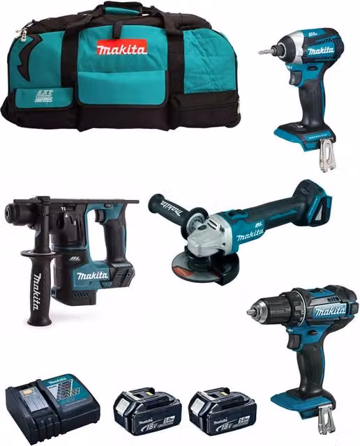 Kit utensili ricaricabili Makita 18V MSB4P2A con trapano, avvitatore, smerigliatrice, due batterie da 5,0 Ah, caricabatterie e trolley