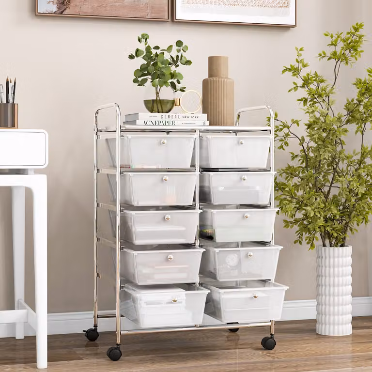 Carrello organizzatore multiuso Costway con 10 cassetti trasparenti e ruote per ufficio e scrapbooking