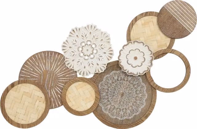 Decorazione murale HOMCOM in legno naturale con design astratto a dischi, colori bianco e marrone, L: 83.8 cm, P: 4.4 cm, H: 44.5 cm – 1