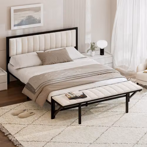 Letto imbottito AIORBER, 140x200 cm, con poggiapiedi pieghevole, ampio spazio di archiviazione, velluto, morbido e confortevole, letto matrimoniale, struttura del letto in ferro, robusto, beige