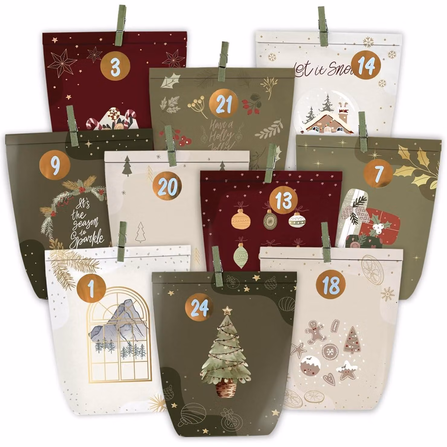 Calendario dell'Avvento con 24 sacchetti, numeri adesivi, stile verde, rosso e beige
