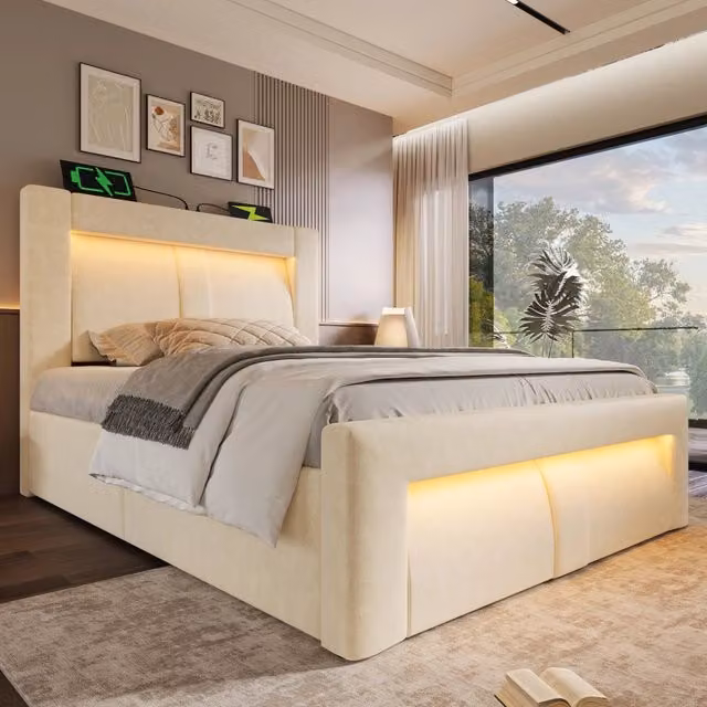 Letto contenitore singolo imbottito in velluto 90 x 200 cm, con contenitore idraulico, LED, USB, Type-C e testiera curva, beige