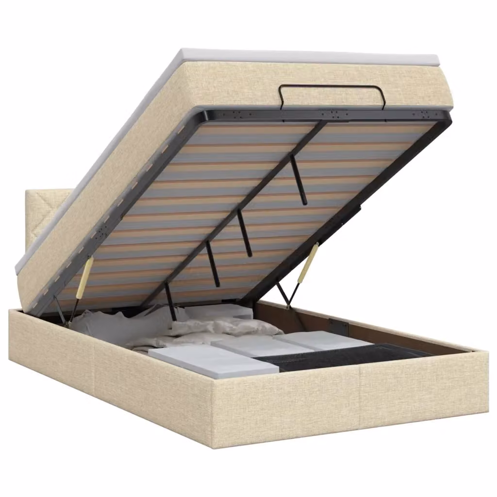 Letto ottomano moderno vidaXL con base a sollevamento e materasso ibrido, colore beige e bianco, L/P/H: 120 x 200 x 88 cm – 2