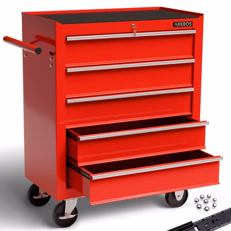 AREBOS® Carrello da officina rosso | 5 scomparti, cassetti robusti e chiudibili a chiave