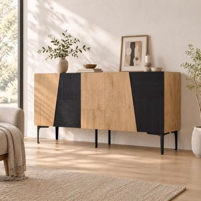 Credenza 160x40x80 cm con 4 ante e 3 cassetti in truciolare naturale e nero