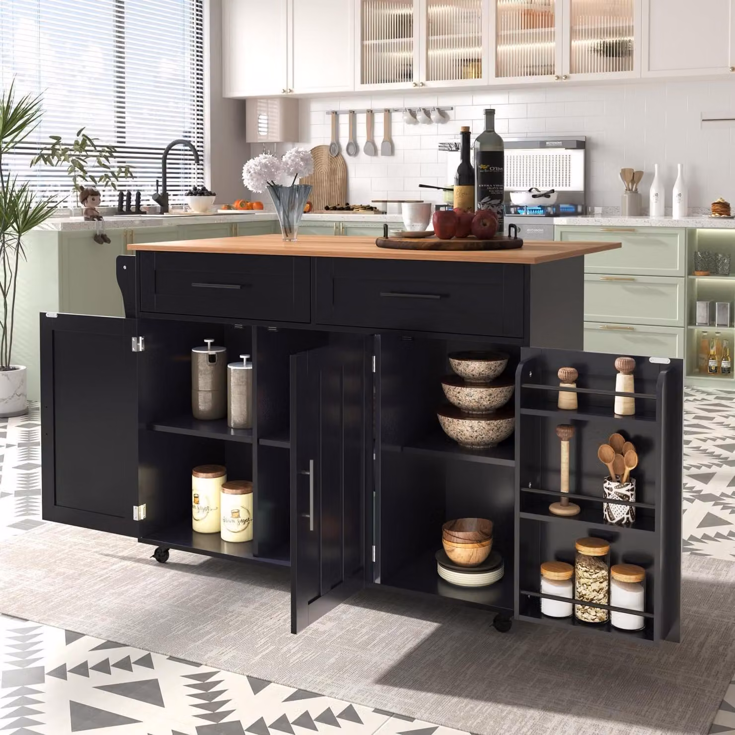 Isola da cucina autoportante con piano di lavoro pieghevole, 5 ruote, 2 cassetti, colore nero, dimensioni 129x71x91,5 cm