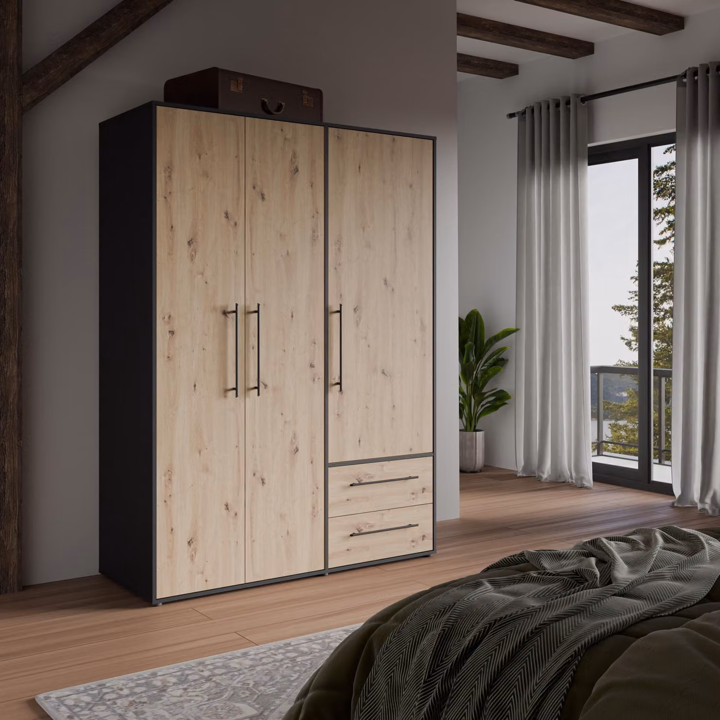 Armadio - Decorazione rovere Artisan / nero - 3 ante - L144,4 x P58,8 x H200cm - MOKKARIS