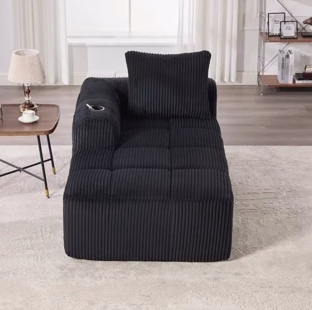 Divano 158x93x61 cm con tasche laterali e portabicchieri in velluto a coste nero