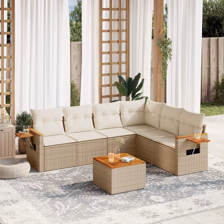 vidaXL Set Divani da Giardino 7 pz in Polyrattan con Cuscini Beige e Tavolino da Esterno