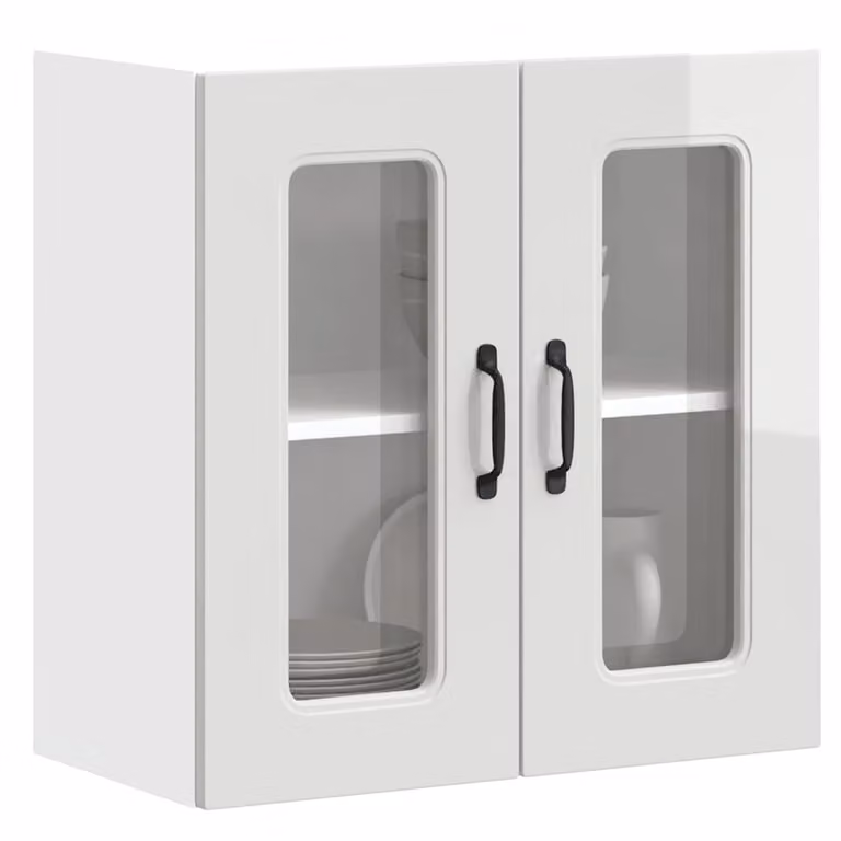 Pensile da cucina moderno vidaXL Kalmar bianco lucido con ante in vetro e ripiani interni L: 60 cm, H: 60 cm, P: 31 cm