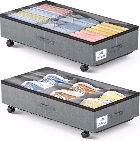 2 Scatole di Stoccaggio sotto il Letto - Scatola di Stoccaggio su Ruote - Scatola di Stoccaggio sotto il Letto pieghevole con Cerniere e Coperchio - Sotto il Letto Cassetti di Stoccaggio per Abiti - Organizzazione con Doppio Detersivo - Color Grigio