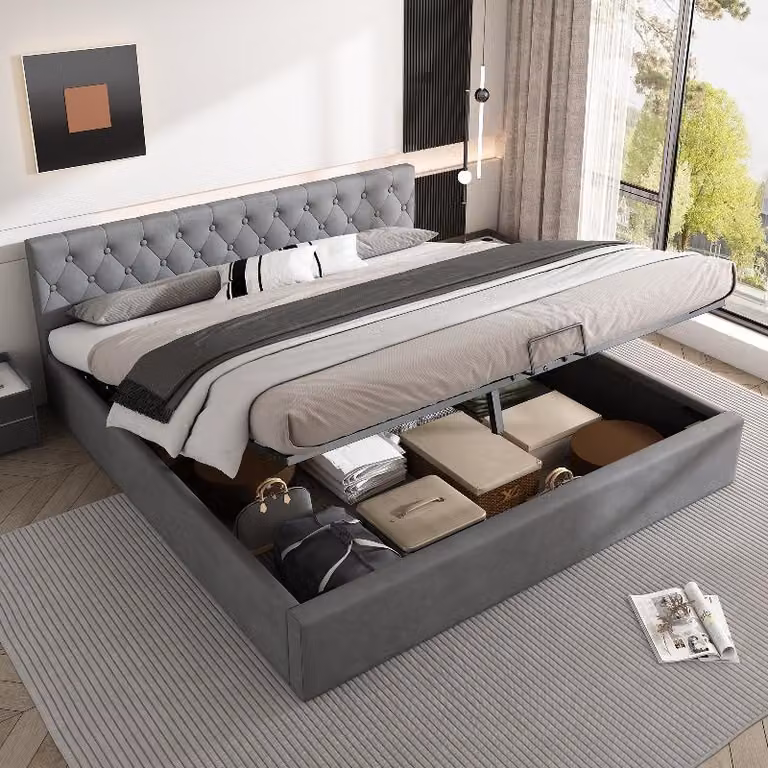 Letto imbottito contenitore 180x200 cm, grigio, con rivestimento in velluto e testiera con bottoni, dotato di cassettone contenitore idraulico per la camera da letto