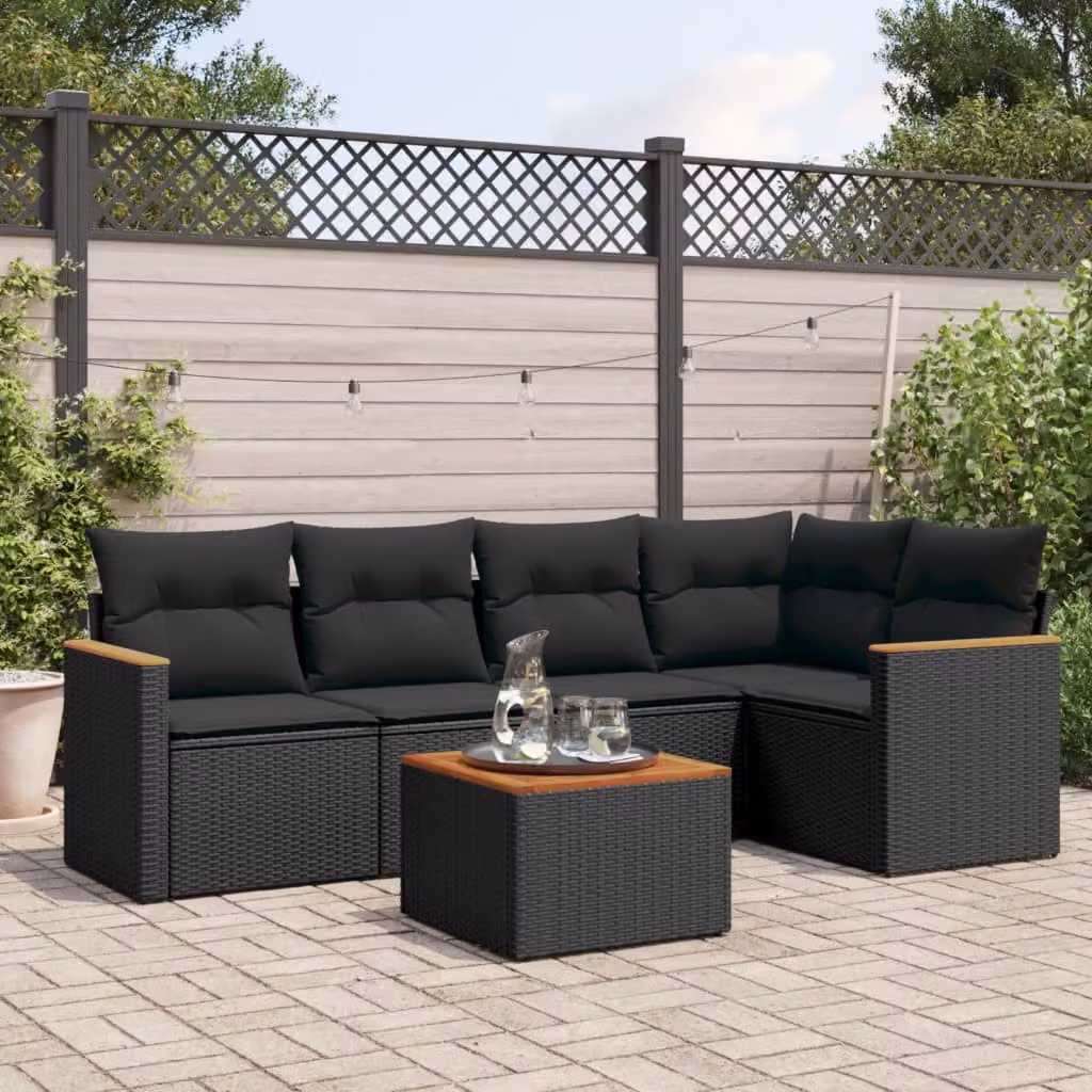 vidaXL Set Divano da Giardino 6 pz a L con Cuscini Nero in Polyrattan e Legno di Acacia – 1