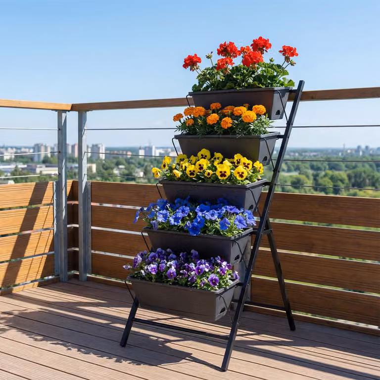 Fioriera verticale Costway in metallo con 5 vasi porta piante, orto rialzato a scaletta salvaspazio per giardino o piante da interno, colore Nero