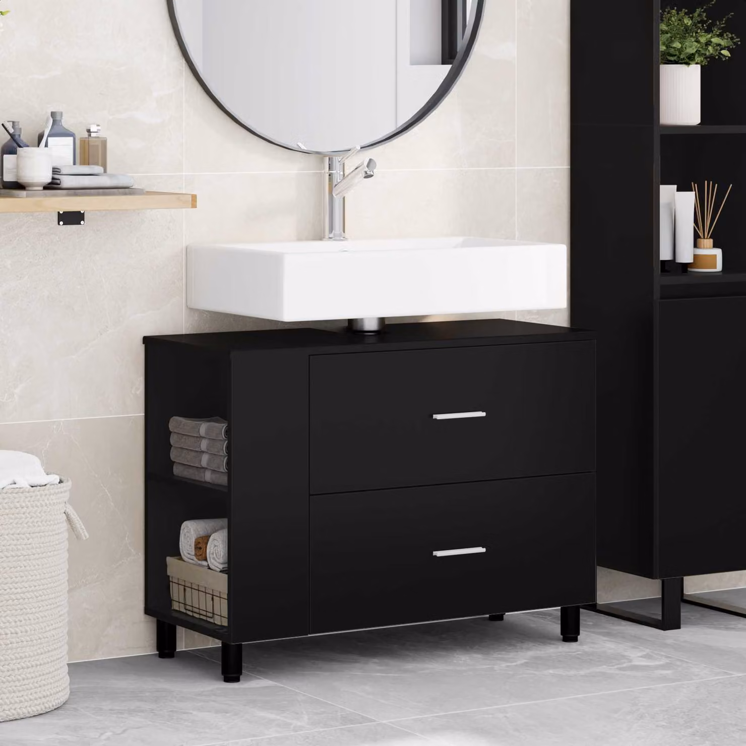 vidaXL Mobiletto da bagno moderno nero in MDF e metallo L: 80 cm, P: 35 cm, H: 60 cm