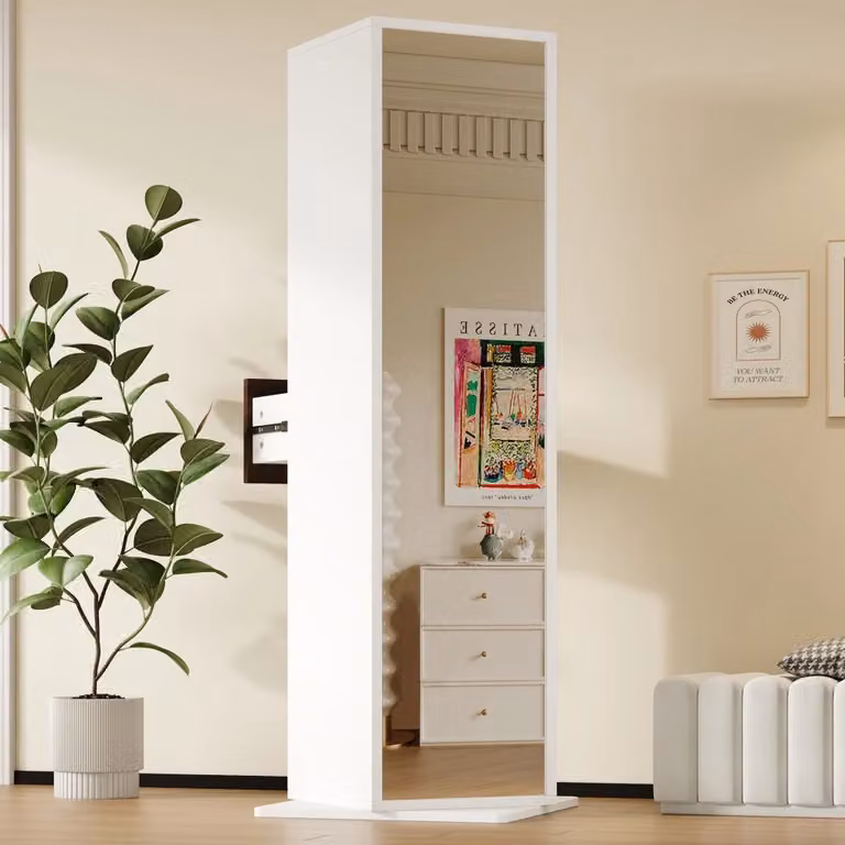 Vetrina e libreria girevole SINGULARTY con specchio a figura intera e cassetti, bianca, L/P/H: 45 x 45 x 168 cm