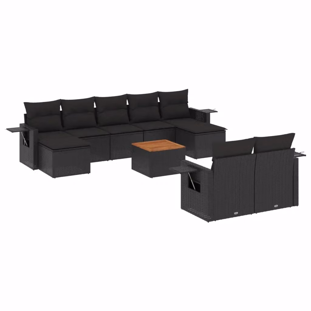 Set di divani da giardino vidaXL in polyrattan nero con cuscini, tavolino e pouf a forma di U – 2