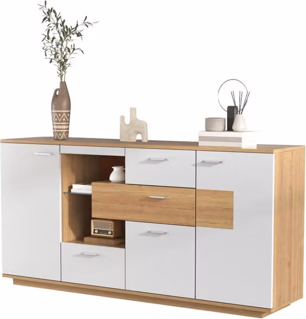 Sideboard moderno bianco effetto legno 160x40x77 cm, 2 ante, 4 cassetti, ripiano in vetro e illuminazione LED