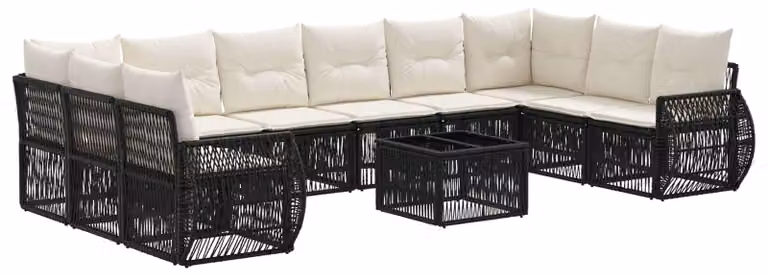 Set Divano da Giardino 11 pcs Nero e Bianco Crema polyrattan