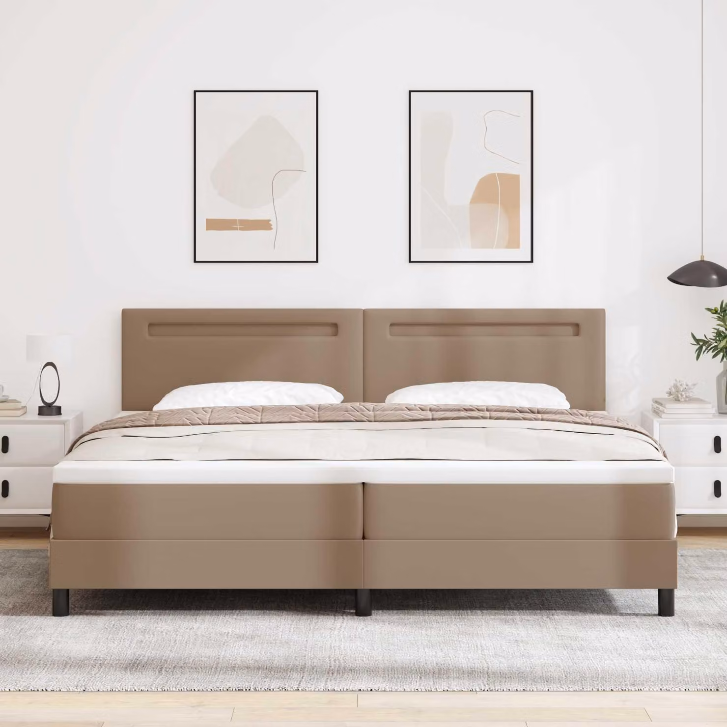 Letto matrimoniale con boxspring e testiera in ecopelle, color cappuccino, dimensioni 200 x 200 cm